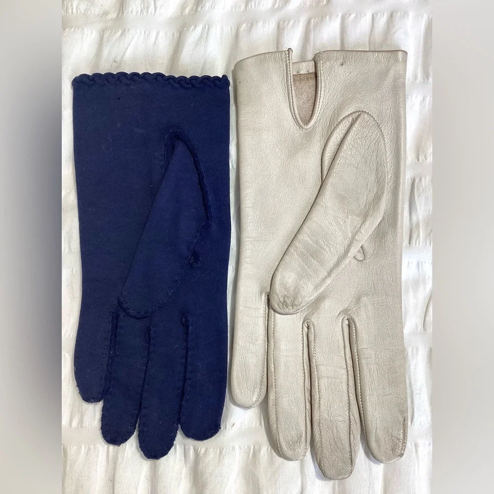 Womens Vtg Set Of Gloves Small Eyelet Cutout Leather & French Knot Fabric